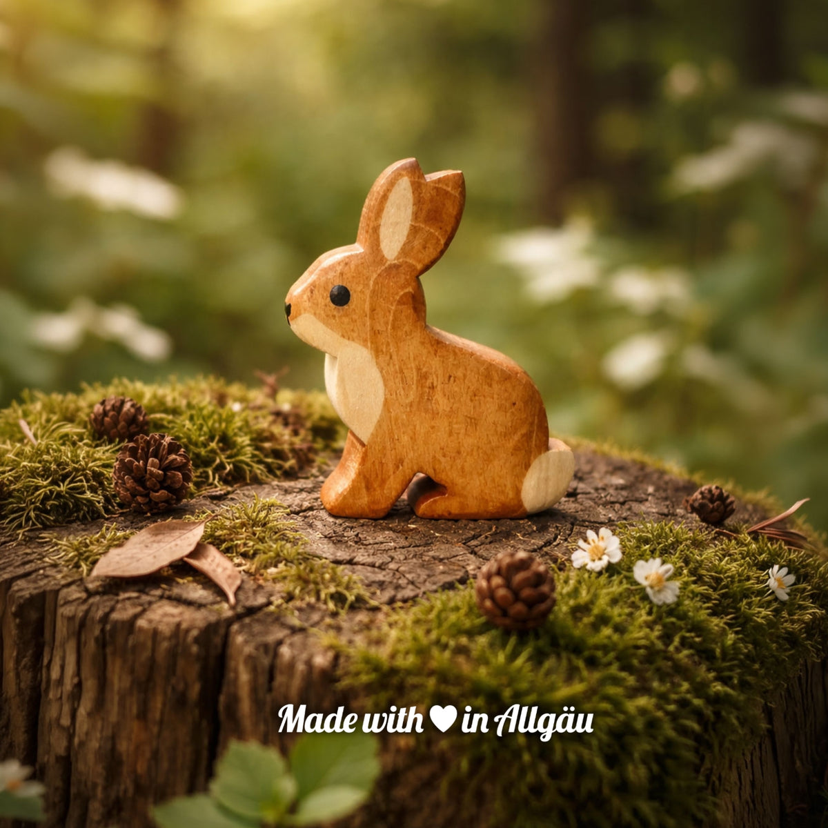 Handgefertigtes Holzspielzeug Feldhase Baby von Allgäuer Holztiere, auf einem moosbedeckten Baumstumpf im Wald, umgeben von Tannenzapfen und kleinen weißen Blumen sitzend, im Hintergrund unscharfe Natur, aus bayerischem Ahornholz gefertigt, mit pflanzlichen Farben braun und schwarz bemalt, im Allgäu produziert und für Kinder ab 3 Jahren geeignet.