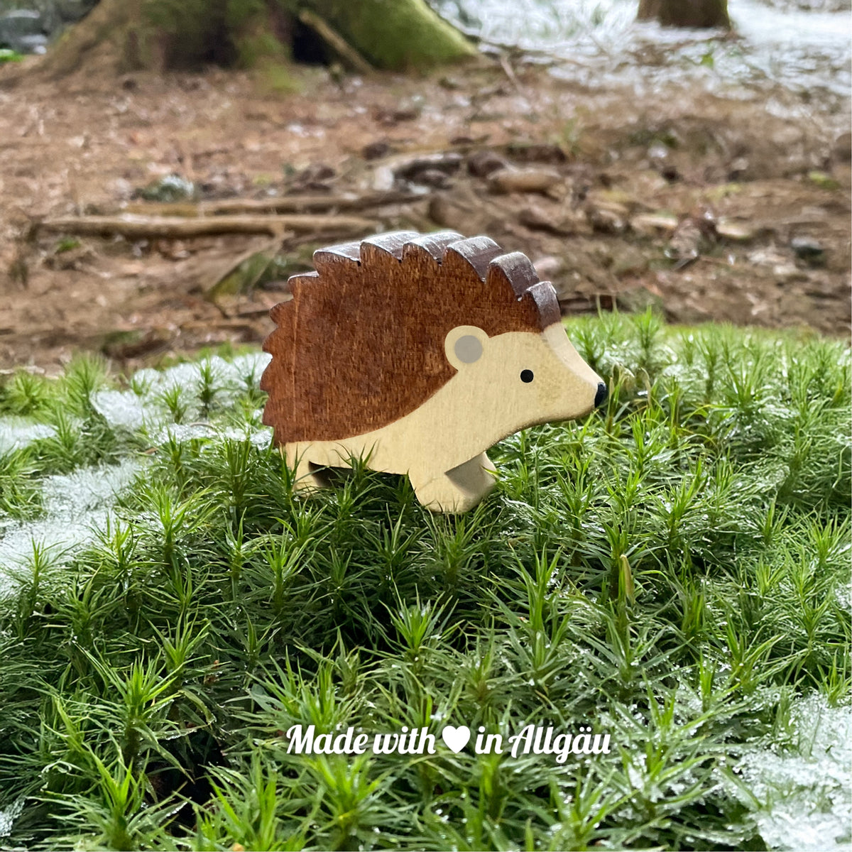 Handgefertigtes Holzspielzeug Igel Männchen stehend von Allgäuer Holztiere, auf moosigem Waldboden mit etwas Schnee, im Hintergrund unscharfe Äste und Tannenzapfen, aus bayerischem Ahornholz gefertigt, braun und grau mit pflanzlichen Farben bemalt, im Allgäu produziert und für Kinder ab 3 Jahren geeignet.