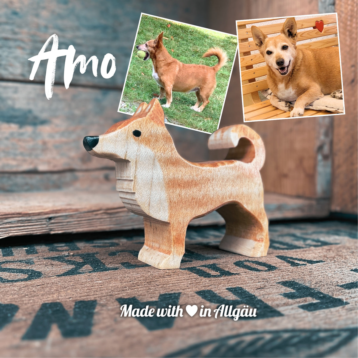 Handgefertigters Holzspielzeug Hund Rüde Amo von Allgäuer Holztiere, hellbraun bemalt mit pflanzlichen Farben, stehend in natürlicher Umgebung, aus bayerischem Ahornholz gefertigt, im Allgäu von Hand hergestellt und für Kinder ab 3 Jahren geeignet.