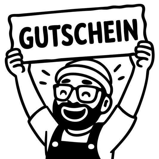 Illustration eines lachenden Mannes mit Schild „Gutschein“ – digitaler Wertgutscheine von Allgäuer Holztiere für handgefertigtes Holzspielzeug aus bayerischem Ahornholz, gefertigt im Allgäu.