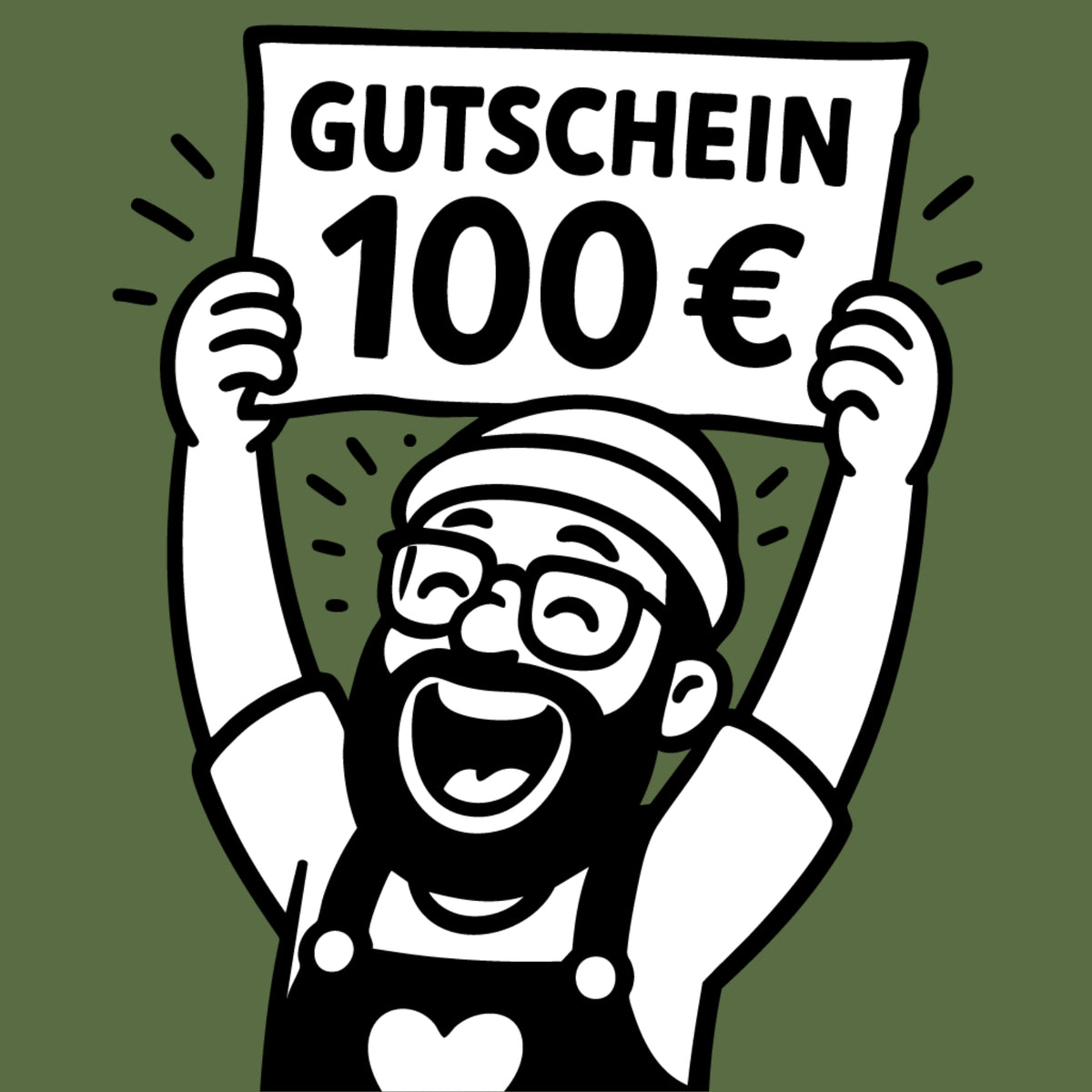 Glückliche Figur mit Schild „Gutschein 100 €“ – digitaler Wertgutschein von Allgäuer Holztiere für handgefertigtes Holzspielzeug aus bayerischem Ahornholz, gefertigt im Allgäu.