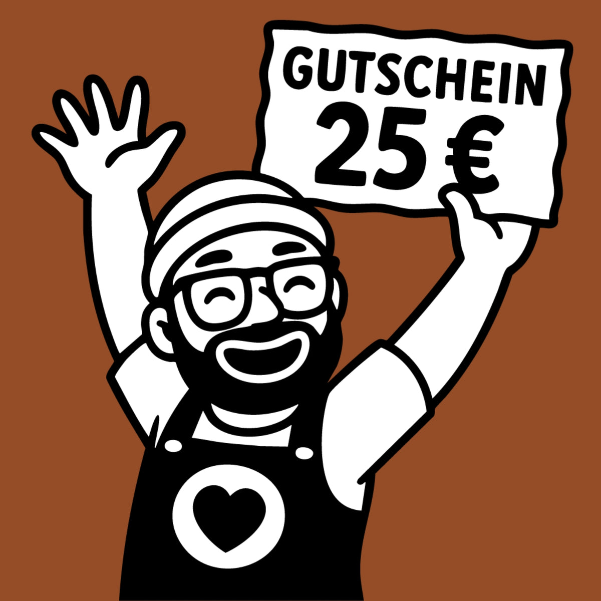 Handgezeichnete Figur mit Schild „Gutschein 25 €“ – digitaler Wertgutschein von Allgäuer Holztiere für handgefertigtes Holzspielzeug aus bayerischem Ahornholz, gefertigt im Allgäu.