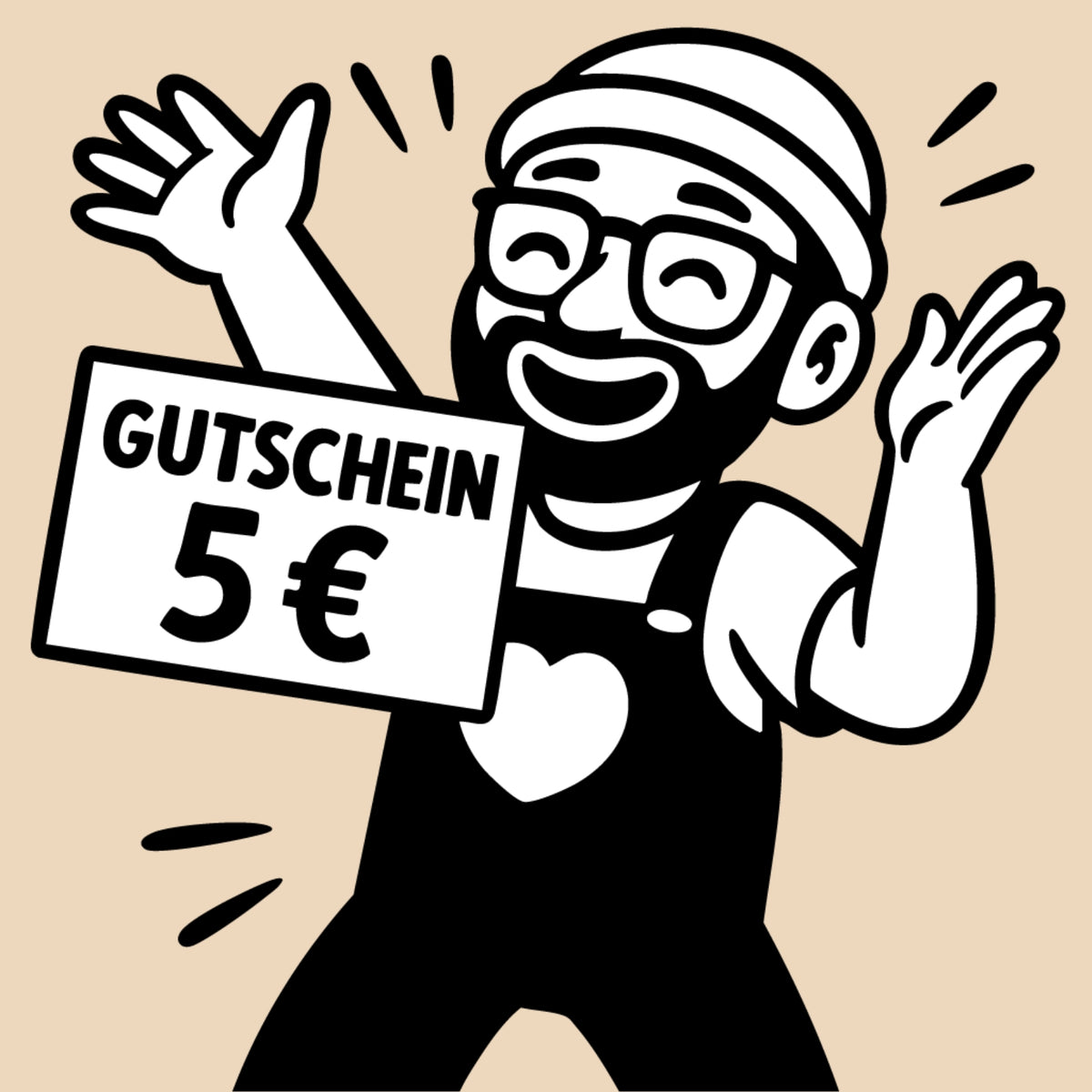 Illustration eines lachenden Mannes mit Schild „Gutschein 5 €“ – digitaler Wertgutschein von Allgäuer Holztiere für handgefertigtes Holzspielzeug aus bayerischem Ahornholz, gefertigt im Allgäu.