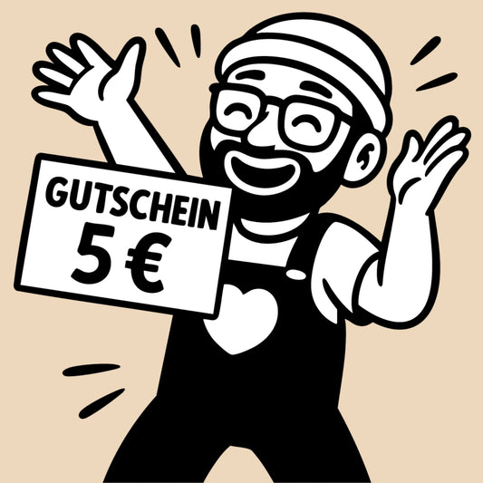 Illustration eines lachenden Mannes mit Schild „Gutschein 5 €“ – digitaler Wertgutschein von Allgäuer Holztiere für handgefertigtes Holzspielzeug aus bayerischem Ahornholz, gefertigt im Allgäu.